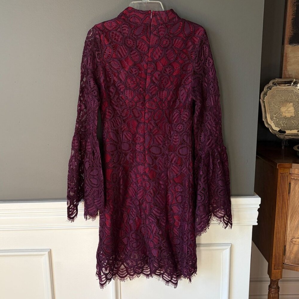 Allison New York plum floral lace bell sleeve shift party mini dress Small NWT - Picture 2 of 6